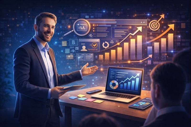 SEO consultant showing metrics and progress