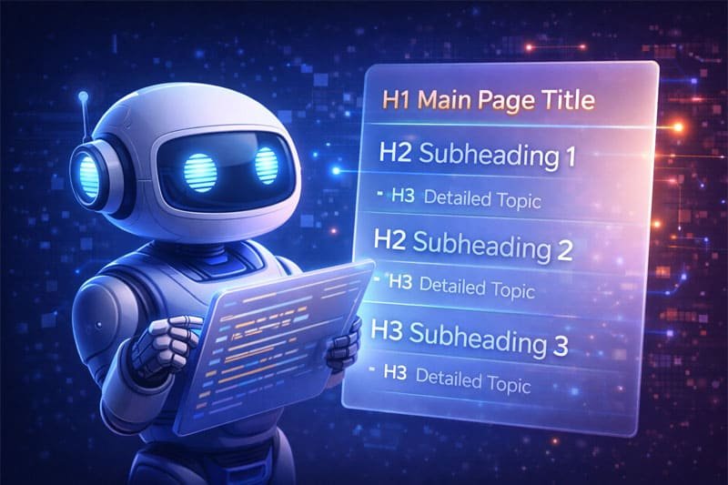 Illustration of a search crawler reading an organized H1, H2, and H3 heading structure Illustration of a search crawler reading an organized H1, H2, and H3 heading structure