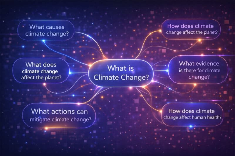 Mind map connecting a central question to several related sub-questions in an organic flow. Mind map connecting a central question to several related sub-questions in an organic flow.