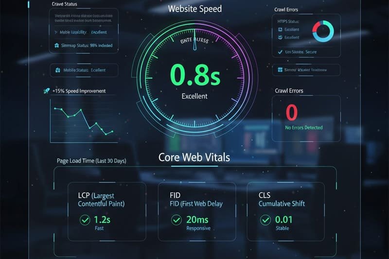 Technical performance dashboard showing Core Web Vitals metrics and load speed for a professional website